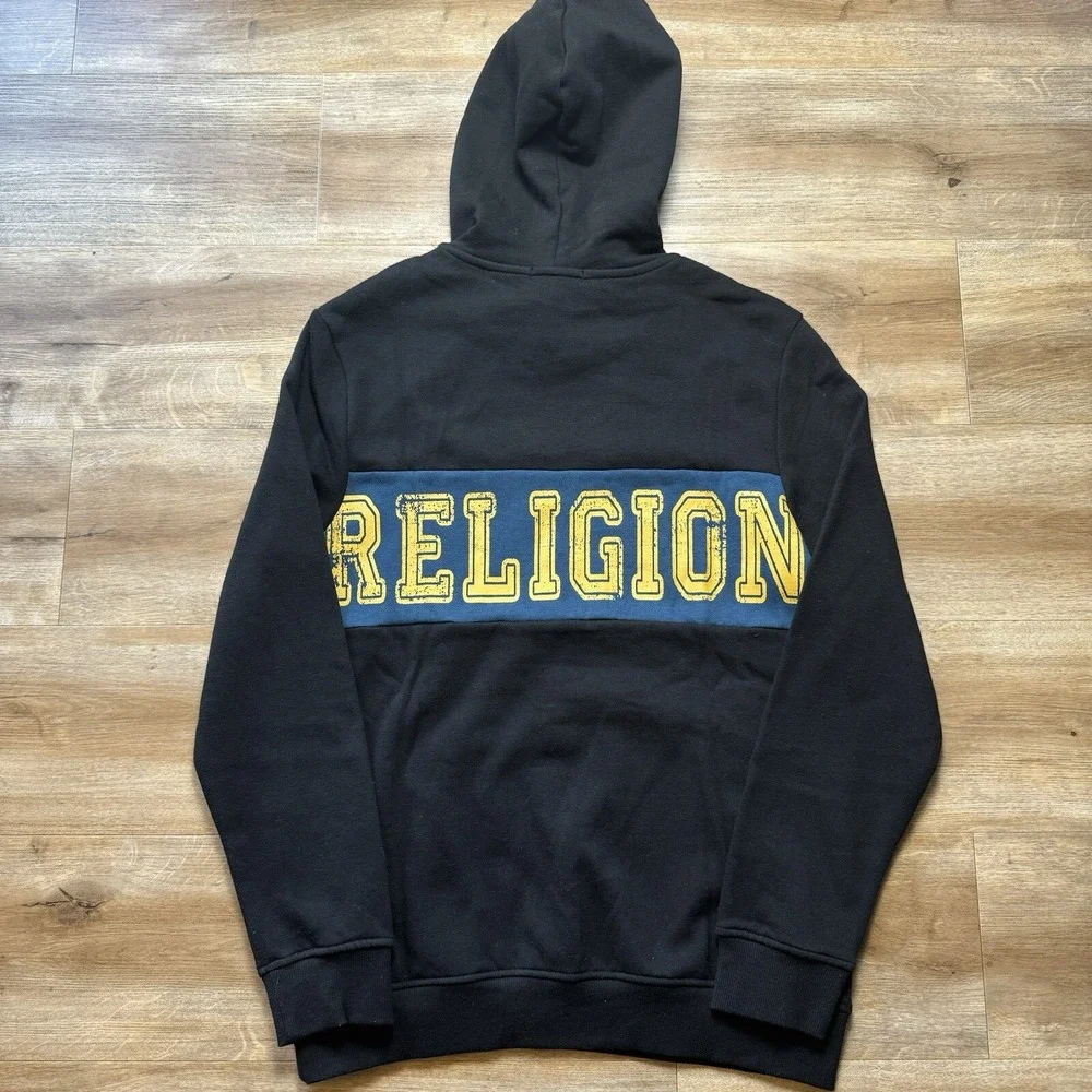 True Religion Pullover Hoodie Mens Small Black Contrast Panel Graphic 700022 New